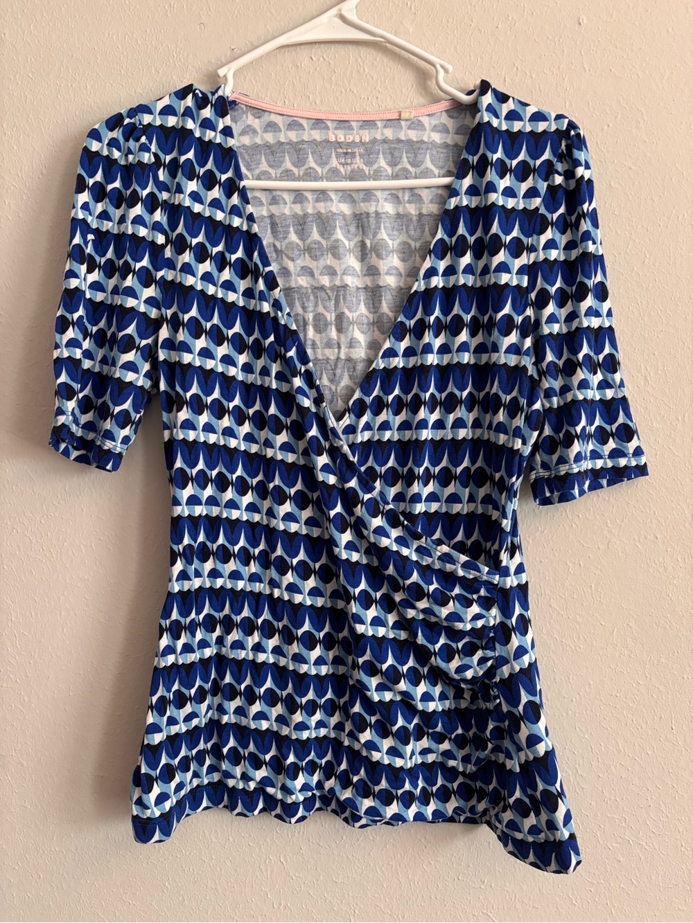 Boden Blue Geometric Wrap-Front Women's Top M